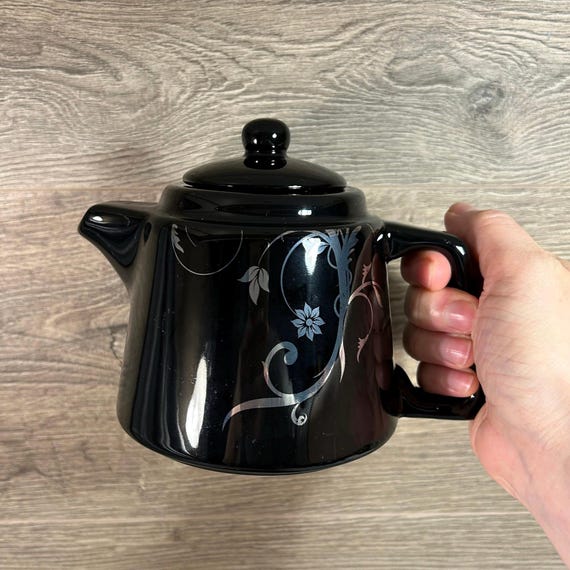 Preloved Modern Stylish Black Silver Floral Motif Lidded Teapot