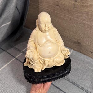 Vintage 2kg Buddha Holding a Pine Cone Black Base Off White Cream Resin Big Heavy Statue | Mind, Body & Soul Oriental Zen Spirituality Home