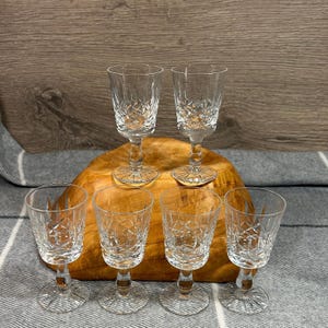 Vintage 1980s Clear Cut Crystal Glass Small Petite Stemmed Sherry Liqueur Cordial Limoncello Aperitif Digestif Stemware Glasses- Set of 6