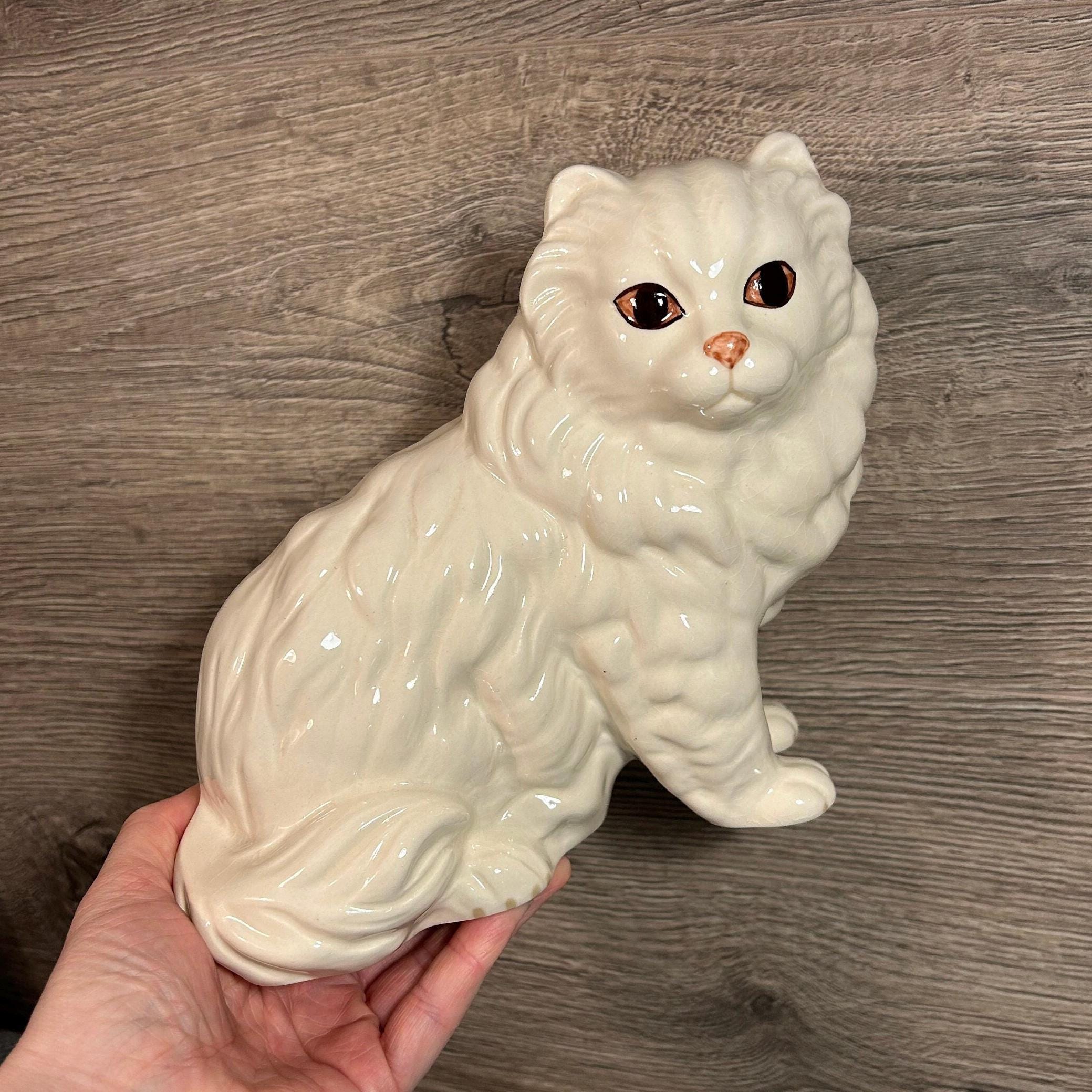 Vintage Hand Painted Ceramic White Persian Cat Statue | Crazy Cat