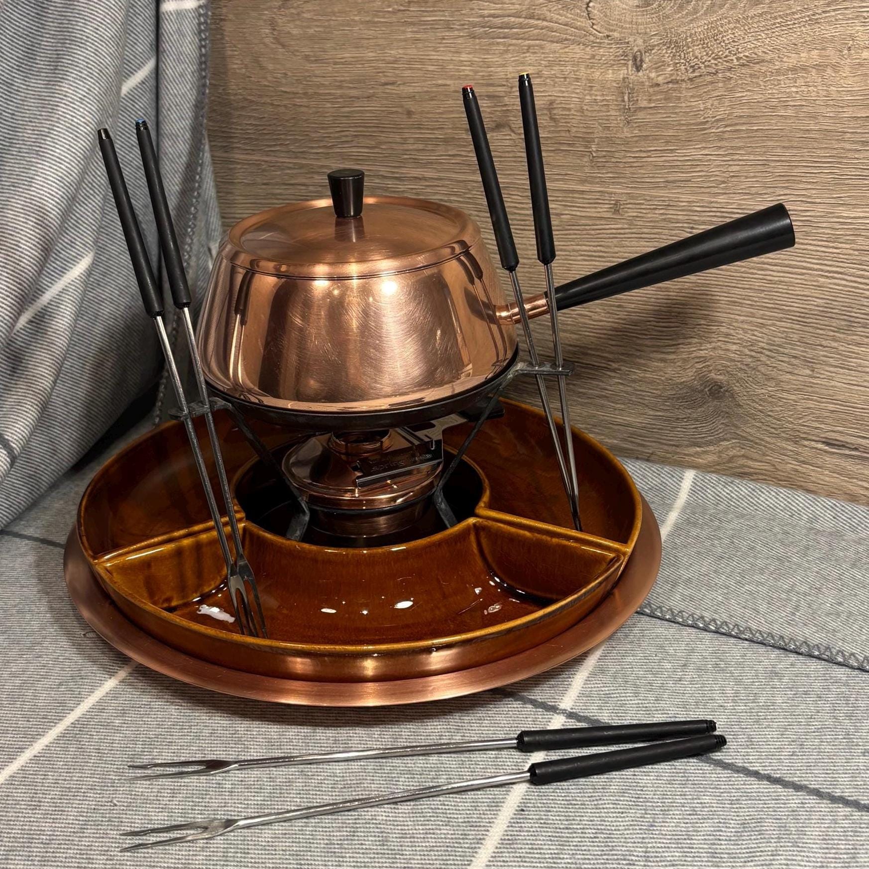 Vintage Spring Culinox Switzerland Copper Fondue Set With Wenger