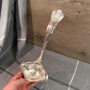 Op de afbeelding: Een zilverkleurige pollepel met een decoratief handvat en een geschulpte kom. De handgreep heeft een reliëf schelpmotief aan de bovenkant en bloemmotieven. De pollepel ligt op een grijs-wit gestreepte deken.