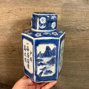 Vintage Hexagonal Cobalt Blue & White Lidded Ginger Jar | Chinese Mountain Scene Ceramic Lidded Pot | Asian Oriental Landscape Collectibles