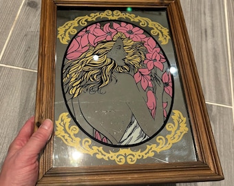 Vintage Art Nouveau Blonde Girl with Pink Flowers Mirror | Byzantine Heads Art Wall Hanging | Old Floral Alphonse Mucha Artwork Collectibles