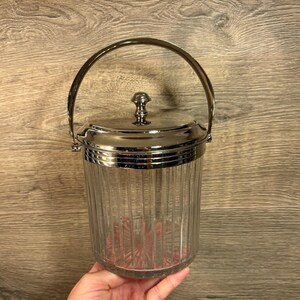 Vintage Silver Tone Chrome & Glass Ice Bucket | 1950s Drinks Trolley Caddy | Round Lidded Ice Cube Storage Jar | Art Deco Bar Cart Essential