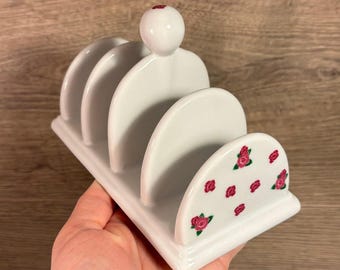 Rejilla para tostar 4 rebanadas con cabeza de flor rosa y cerámica blanca pesada vintage / Servidor de pan tostado / Soporte para cuatro rebanadas / Cocina casera diaria