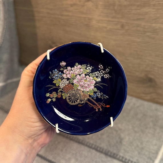 Vintage Japanese Dark Cobalt Blue Porcelain Small Decorative Wall