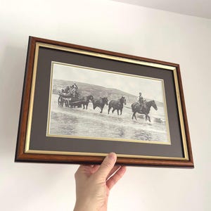 Vintage 4 Horses Pulling a Heavy Cart Wagon Water Crossing Black & White Old Framed Photo | Victorian Era Antique Historic Photos Home Decor