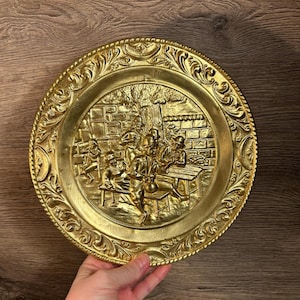 Vintage Rustic Hammered Brass Plate Wall Hanging Made in England