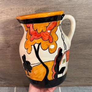 Vintage- Damaged- Clarice Cliff Inspired Art Deco House on Hill Jug | English Ceramic Artist & Designer Collectibles | Orange Amber Fun Vase