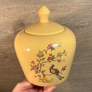 Tarro de jengibre Gloucester de cerámica Prinknash vintage / Almacenamiento con motivos florales y bonitos pavos reales de inspiración oriental Fabricado en Inglaterra / Objetos de colección ingleses
