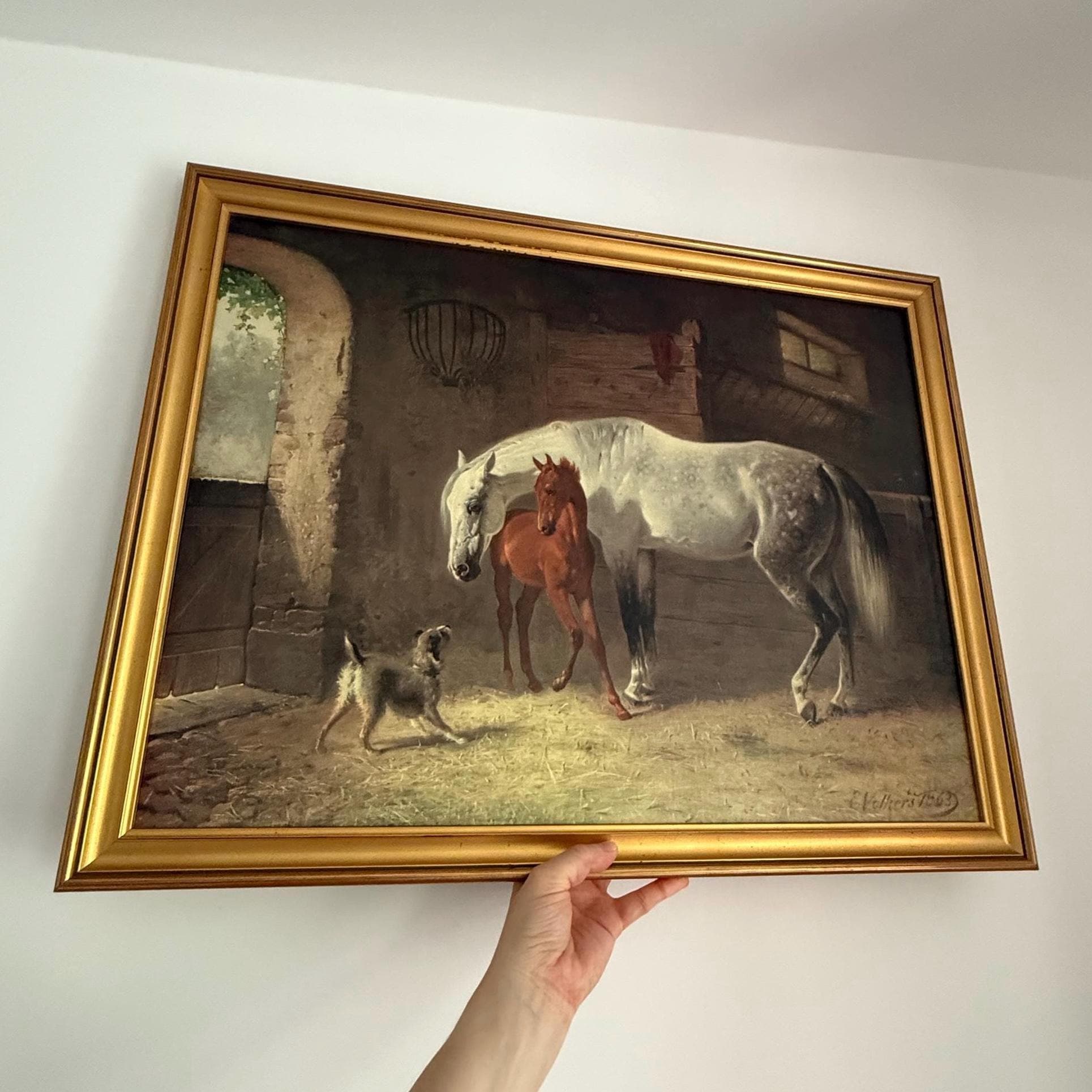Vintage 1863 Emil Volkers 'the Anxious Foal' Large Oil on Canvas