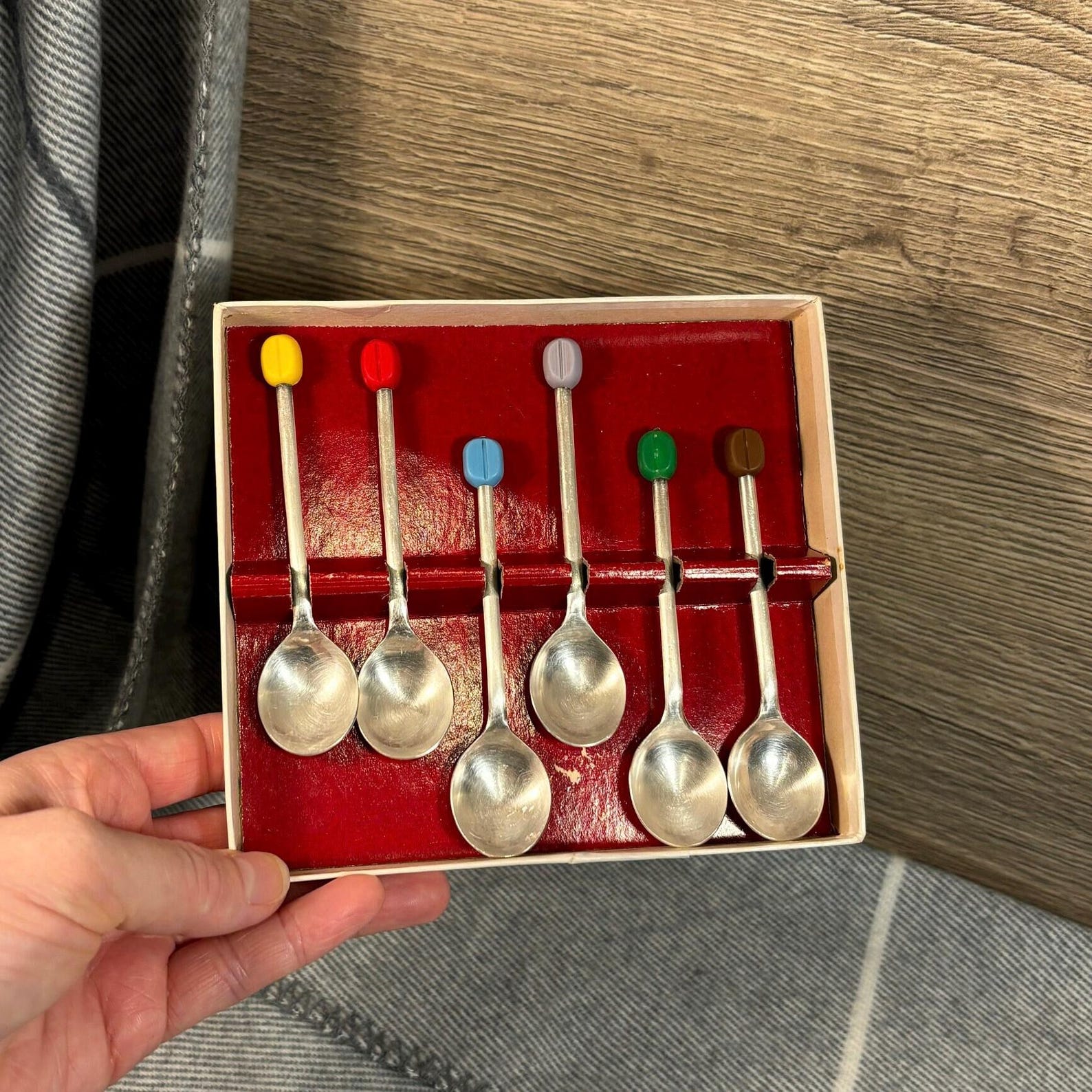 Vintage EPNS Silver Plated Boxed Multi Colour Coffee Bean Tea Spoons | MCM Fun Retro Silverware & Flatware | English Tea Party Collectibles