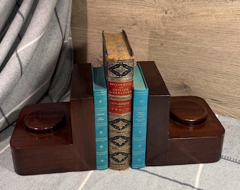 Suportes para livros vintage de madeira maciça escura, pesados e grandes (5,6 kg), em estilo Art Déco | Essenciais para bibliotecas e escritórios com estilo brutalista modernista | Item de colecionador para leitores