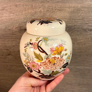 Vintage Sadler Staffordshire Made in England Small Round Lidded Oriental Flower Ginger Jar | Oriental Home Decor | Lotus Flower Old Canister
