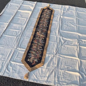 Vintage Tapestry Tassel Table Runner Black with Ornate Floral Bouquet Pattern | Long Narrow Fabric Tablecloth Accessories | Traditional Home