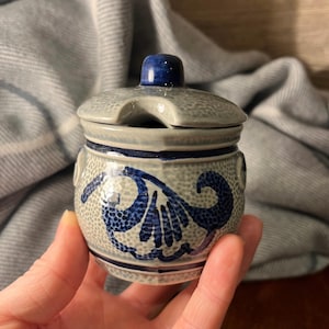 Vintage Small Ceramic Grey and Cobalt Blue Condiment Pot Spice Jar with a Lid