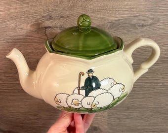 Vintage F Trauffler Zeller Keramik Sheep and Shepherd Teapot | Green Valley & White Sheep German Collectibles | MCM Germany Cuppa Tea Makers