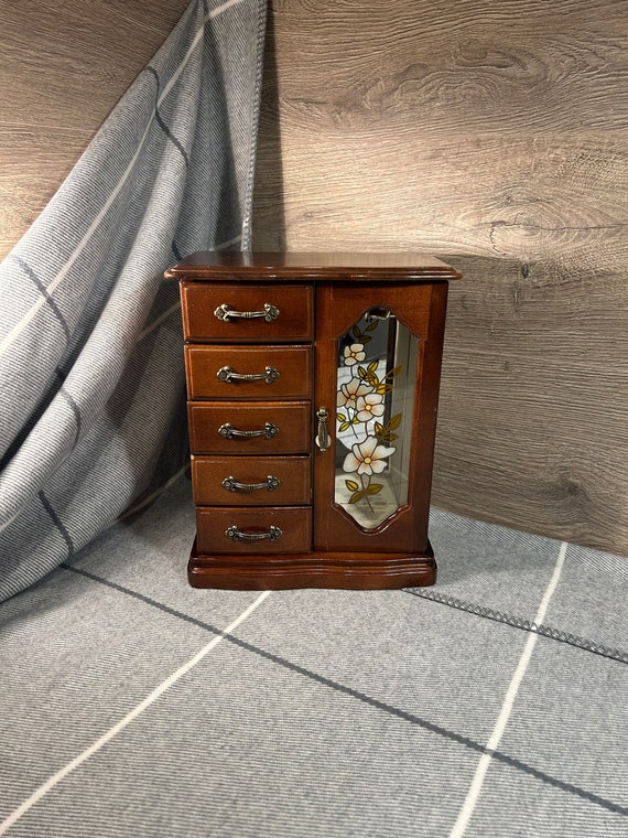 Vintage Kitsch Brown Wooden Wardrobe Style Sankyo Japan Mechanism Musical Jewellery Box With 5 Drawers Playing Swan Lake 90s Retro Boudoir Etsy