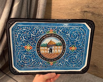 Vintage Persian Hand Painted Ornate Blue Slim Enamel Rectangular Tray | Persia Artisan Collectibles | Babylonian Middle Eastern Cultural Art