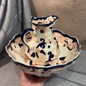 Vintage Mason&#39;s Mandalay Ironstone Basin and Pitcher Set of 2 | Bathroom Decor Antiques | English Pottery Collectibles | Old Floral Patterns
