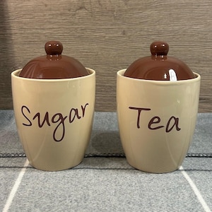 Vintage Duo Tone Beige and Brown Colour Sugar and Tea Lidded Jars | Daily Kitchenalia