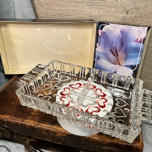 Vintage 1970s Walther Glass Germany Red Heart Pattern Trinket Tray for Jewellery | Nuts & Snacks Divided Dish | Two Section Rectangle Tray