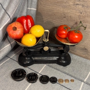 Vintage Libra Scale Co England Black Cast Iron Kitchen Balance Scales with 7 Weights and Brass Trays | English Iconic Kitchenalia Appliances