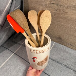 Preloved- Chipped- Mason Cash Embossed Chicken Motif Rise and Shine Utensil Holder | Hen, Rooster and Cockerel English Farmhouse Kitchenalia