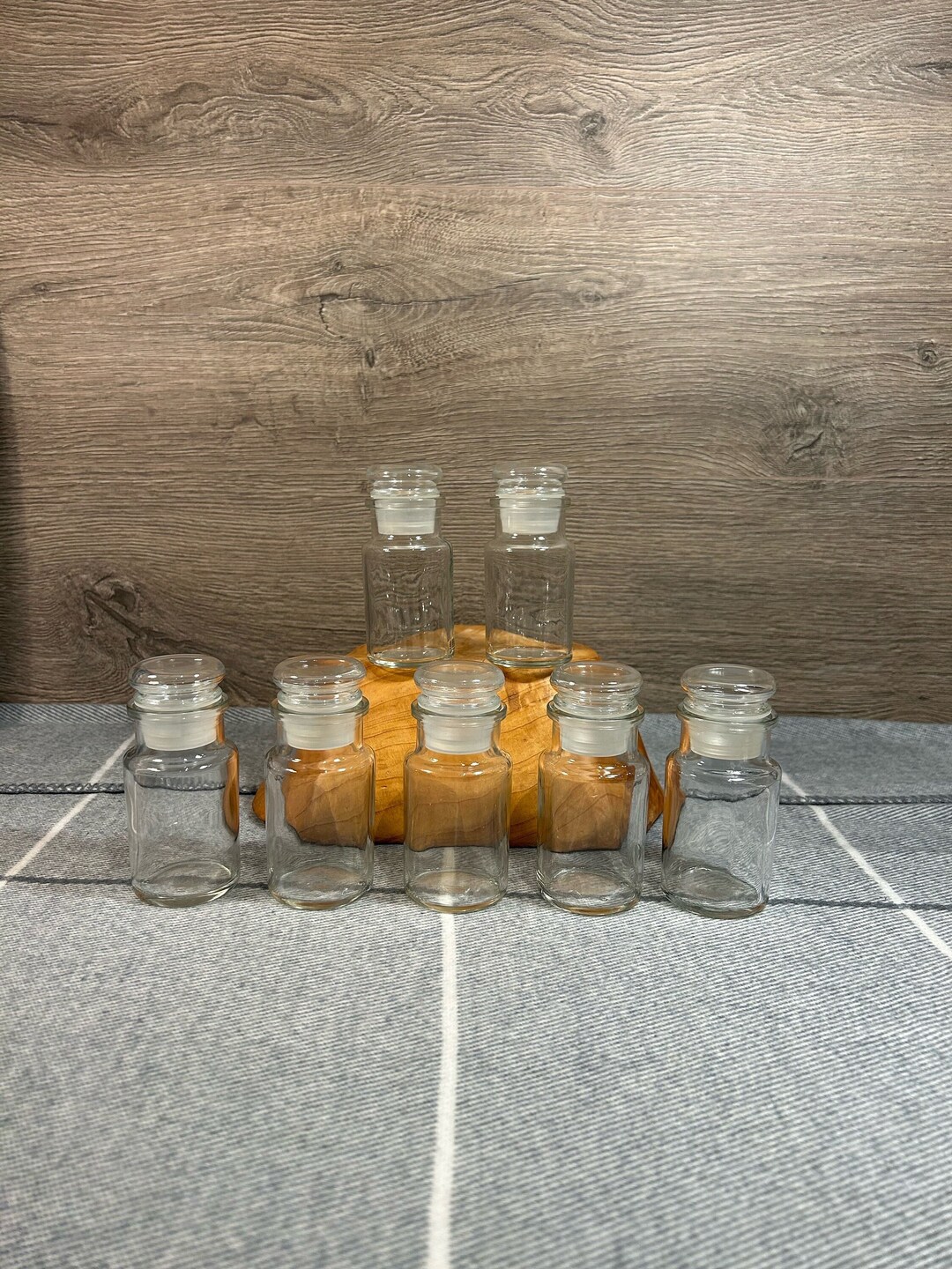 Vintage Clear Glass Tall Round Jars With Lids Set of 7 Multi Purpose