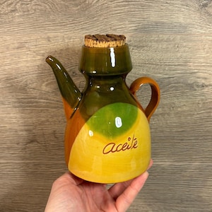 Vintage Mid Century Hand Crafted Aceite Oil Spanish Folk Glazed Terracotta Cork Stopper Clay Pourer Pot Bottle | Mediterranean Kitchenalia