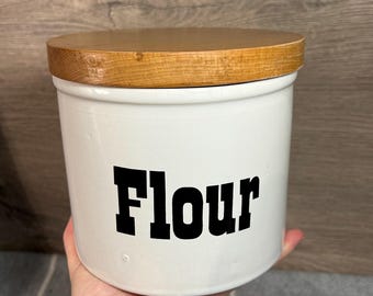 Vintage Mid Century Large Round Flour Kitchen Countertop Jar with Wooden Lid | MCM Pantry Kitchenalia | Kitchen Storage | 1970s Home Decor