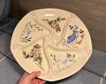 Bandeja vintage pintada a mano con 5 compartimentos / Plato dividido para servir aperitivos / Vajilla para tapas, snacks y bocadillos para cenas y fiestas