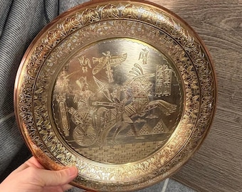 Vintage Hand Crafted & Etched Round Egyptian Brass Plate Wall Decor Hanging | Intricately Engraved and Patterned Old Gold Metal Collectible