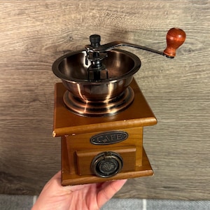Vintage Cafe Kitsch Brown Wood Fresh Coffee Bean Manual Hand Mill Grinder | Old Metal Mechanism and Drawer Coffee Mills | Hand Crank Decor