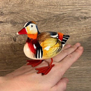 Vintage Hand Crafted and Painted Small Ceramic Duck Figurine with Spring Legs | Stamped DUCKS Collectibles | Pond and Lake Birds Home Decor