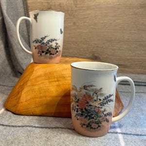 Vintage Oriental White Porcelain Japanese Floral Orange Chrysanthemum and Pink Hue Elegant Gilded Cup with Butterflies | East Asian Decor