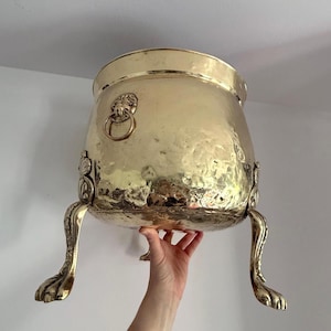 May include: A large, hammered brass cauldron with three ornate claw feet. The cauldron has a lion's head ring handle and decorative scrollwork. The brass has a warm, golden hue, and the cauldron is held up by a hand.