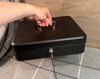 Vintage Home Protector Model No1521 Safe & Secure Denmark Black Heavy Metal Lock Box with Key | Danish Lockable Cash Coins Notes Money Boxes