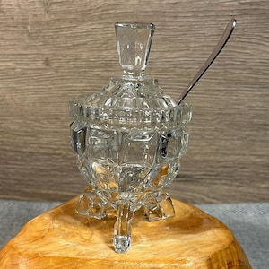 Vintage Clear Glass Footed Preserve Honey Pot | Crystal Sugar Jar | Marmalade Jam Container | Lidded Conserve Pot | Slotted Lid Mustard Pot