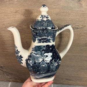 Vintage English Country Inns &#39;The Peacock&#39; W H Grindley & Co Ltd Staffordshire England Porcelain Dark Blue Coffee Teapot | English Tea Party