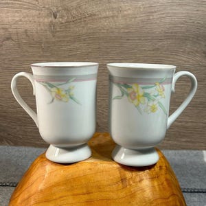 Vintage Made in Japan Pastel Gentle Daffodil Flower Two Matching Footed Porcelain Cups | Subtle & Feminine Kitchenalia | Oriental Home Decor