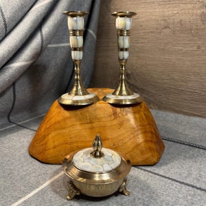 Vintage Brass & Mother of Pearl Candlestick Holder and Small Footed Trinket Tray Set of 3 Made in India | MCM Bohemian Dreamy Boudoir Decor