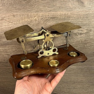 Vintage Antique Brass & Wood Postal Scales with Three-Weight Stand Base | English Rustic Memorabilia Collectibles | Early Posting Services