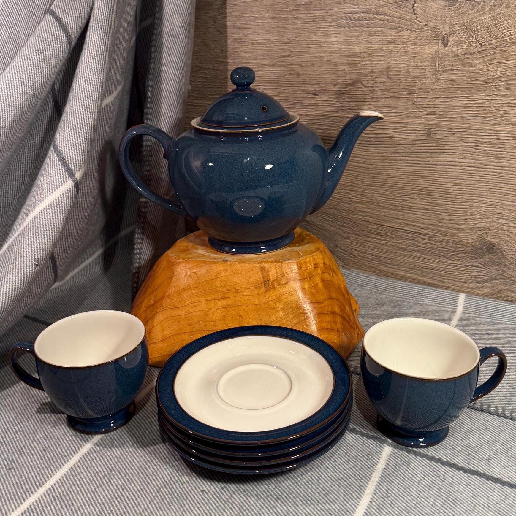Vintage Denby Boston Blue Hand Crafted Large Teapot With X2 Coffee
