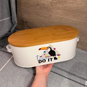 Preloved Toucan Do It Bamboo Lid Long White Metal Bread Box | Funny Humorous Colourful Tropical Forest Bird Kitchenalia | Brekkie Companions