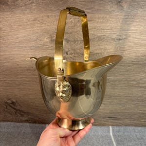 Może przedstawiać: Wintage wiaderko na lód z mosiądzu z uchwytem i detalem w postaci głowy lwa. Wiaderko ma srebrny korpus i złoty uchwyt. Uchwyt ma około 15 cm wysokości. Wiaderko zostało zaprojektowane z dzióbkiem.
