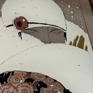 May include: Illustration of a person wearing a white fur hat with a brown flower accent. The person's face is partially visible, with a neutral expression. The artwork has a vintage style, with a muted color palette and a floral pattern on the garment.