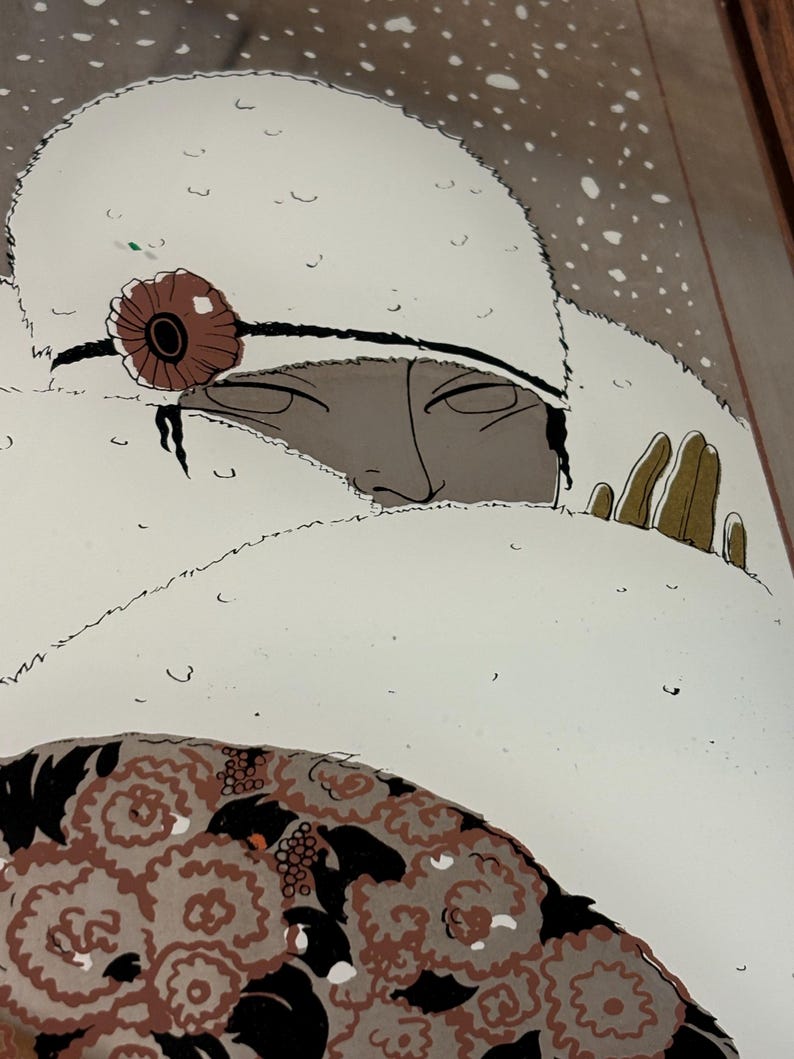 May include: Illustration of a person wearing a white fur hat with a brown flower accent. The person's face is partially visible, with a neutral expression. The artwork has a vintage style, with a muted color palette and a floral pattern on the garment.