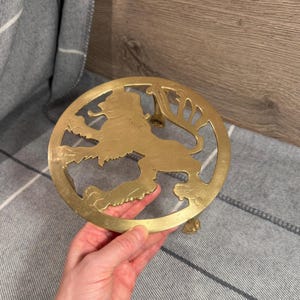 Vintage Brass Rampant Lion Heraldic Symbol Round Teapot Trivet | Claw Paw Feet 3 Legged Kettle Hotplate Stands | Rustic English Kitchenalia